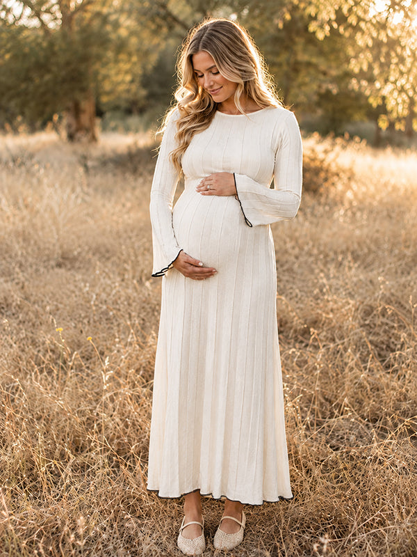 Beige Elegant Crochet Photoshoot Maternity Maxi Dress