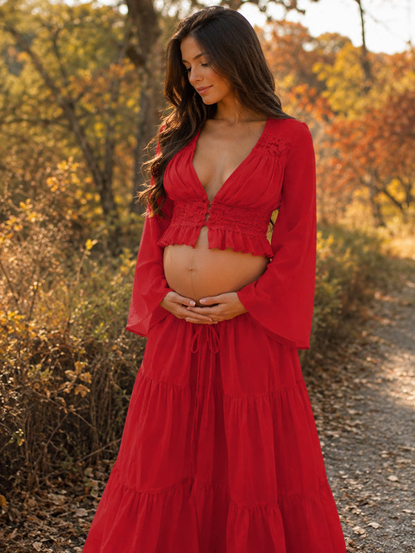 Red Ruched Maternity Maxi Dress with Deep V Neckline and Lace Button Detail