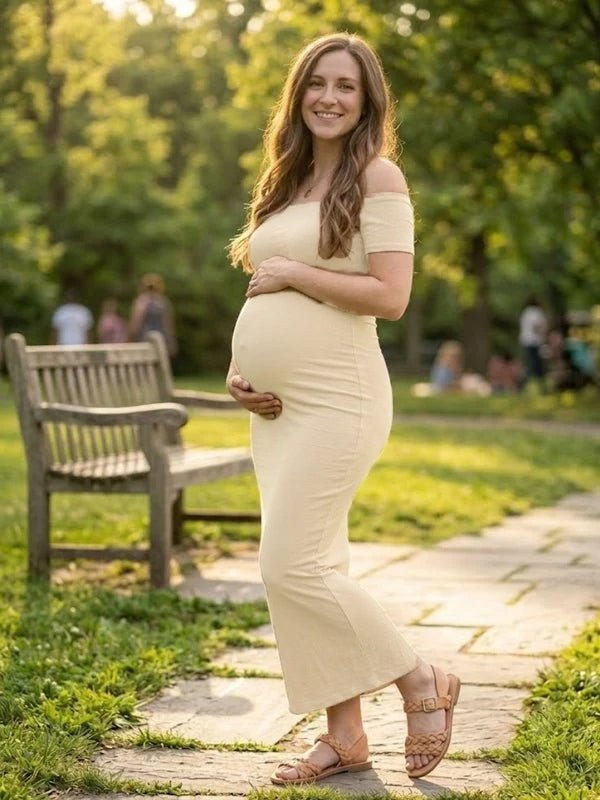 Momyknows Apricot Off Shoulder Ruched Backless Maternity Photoshoot Maxi Dress - Apricot - 2