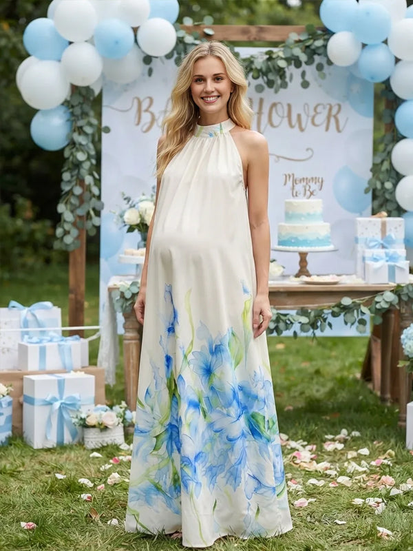 White Halter-Neck Maternity Dress with Printed Design and Loose Fit, Baby Shower