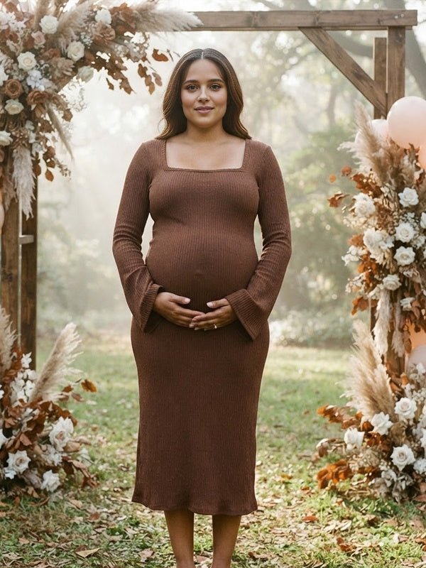 Momyknows Square Neck Lace Up Bodycon Maternity Baby Shower Midi Dress - Brown - 4