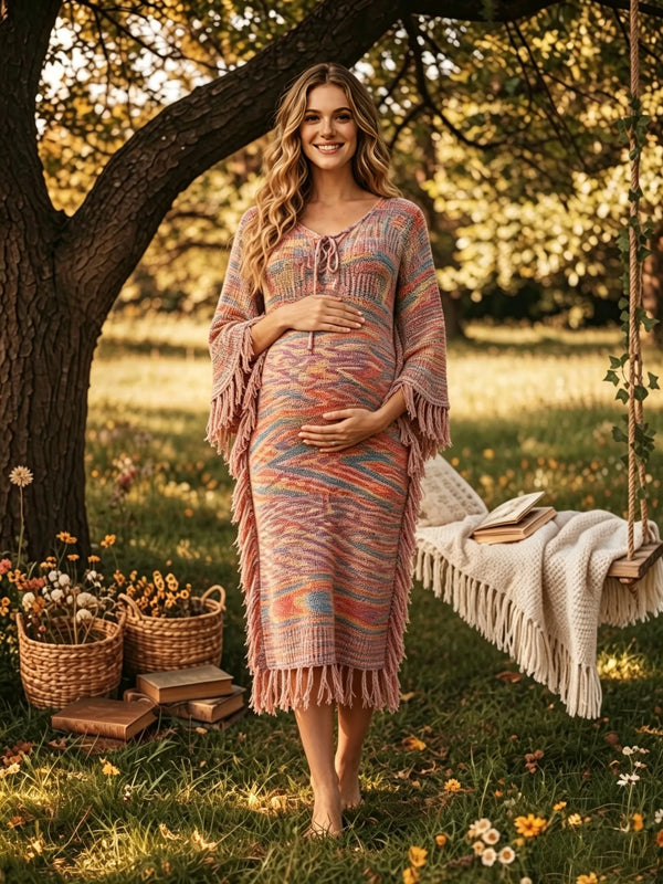 Pink Ribbed Knit Maternity Midi Dress with Tassel Details and Irregular Hem and Flattering Fit, Photoshoot
