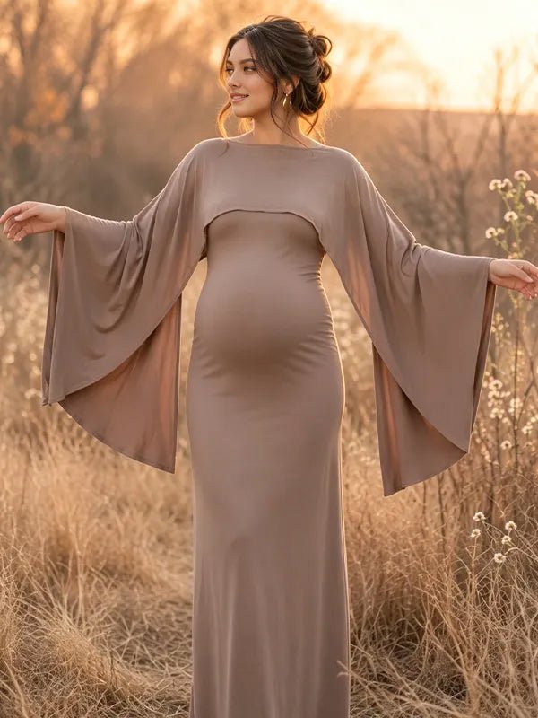 Momyknows Khakik Lace-Up Open Back Batwing Sleeve Cape Spaghetti Strap Photoshoot Maxi Dress - Khaki - 2