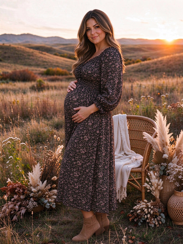 Black Printed Maternity Maxi Dress with Puff Sleeve Details and Elegant Silhouette