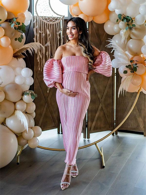 fitted lace wedding dress Momyknows Pink Off Shoulder Bandeau Pleated Bodycon Puff Sleeve Evening Gown Baby Shower Maternity Maxi Dress Pink / L fitted lace wedding dress Momyknows Pink Off Shoulder Bandeau Pleated Bodycon Puff Sleeve Evening Gown Baby Shower Maternity Maxi Dress Pink / L
