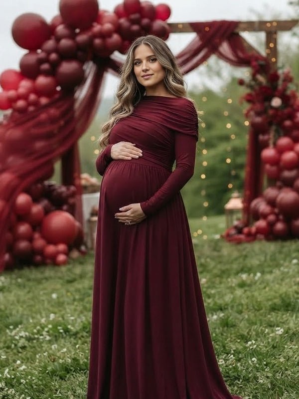Momyknows Red Ruched Cape Big Swing Maternity Baby Shower Maxi Dress - Red - 1