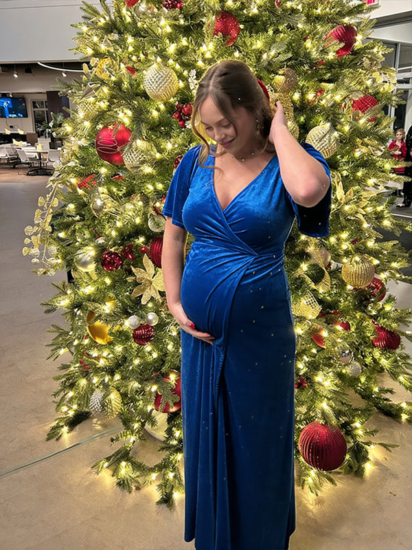 Momyknows Blue V Neck Side Slit Charm Maternity Photoshoot Maxi Dress