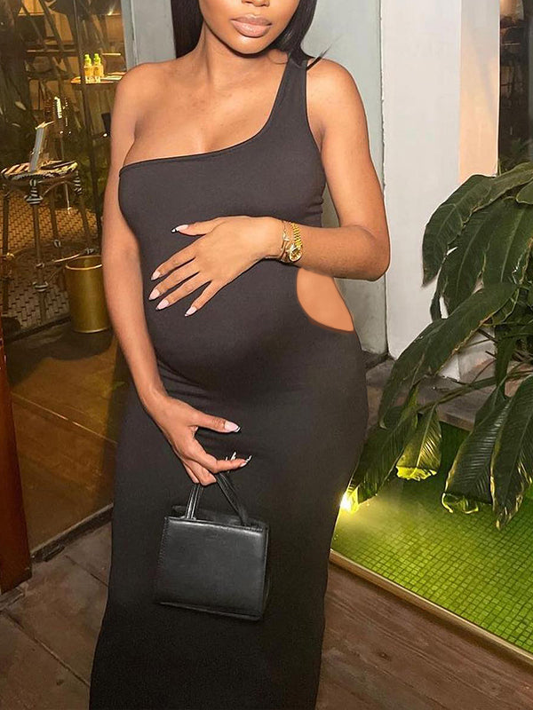 Momyknows Black Backless Bodycon Oblique Shoulder Babyshower Maternity Maxi Dress