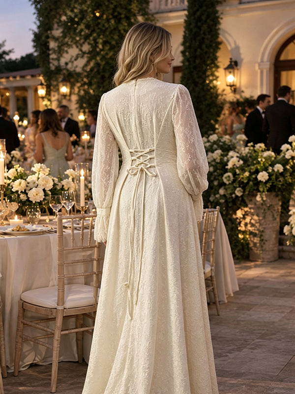 White Lace Maternity Maxi Dress with Lace Up Detail and Flare Sleeve Style