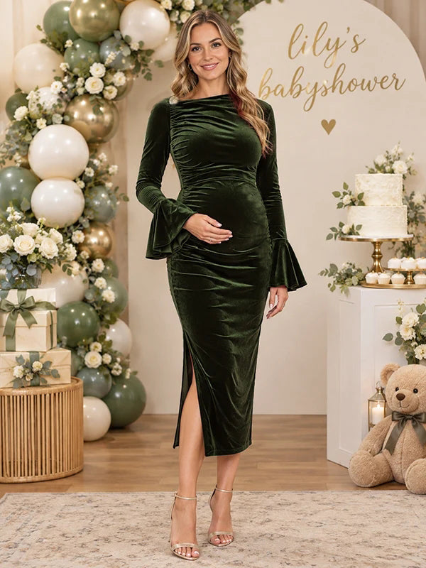 Army Green Elegant Slit Baby Shower Maternity Midi Dress