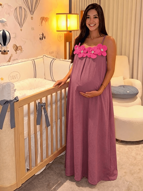 Momyknows Sweet Pink 3D Flowers Spaghetti Strap Maternity Maxi Dress - Pink - 1