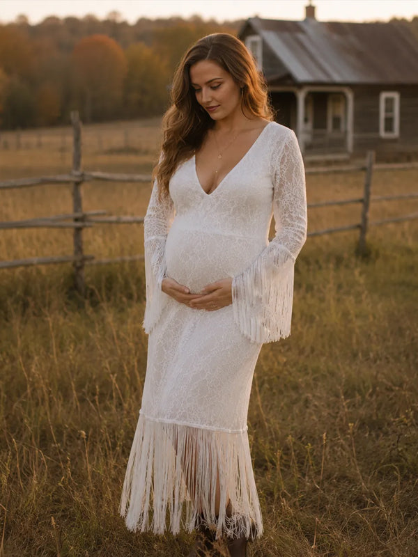 White Lace Maternity Maxi Dress with Deep V Neck and Tassel Detail and Elegant Fit, Photoshoot Occasion
