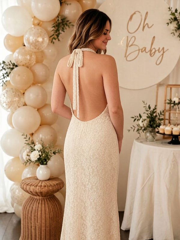 Momyknows Elegant Yellow Halter Neck Lace Backless Lace-Up,Bodycon Baby Shower Maternity Maxi Dress, Beige / M