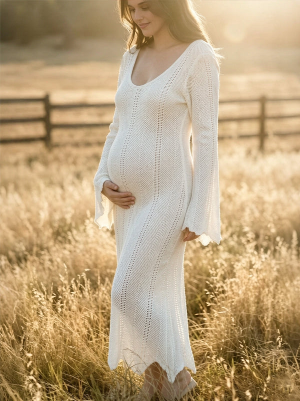 White Elegant Flare Sleeve Cut Out Maternity Dresses
