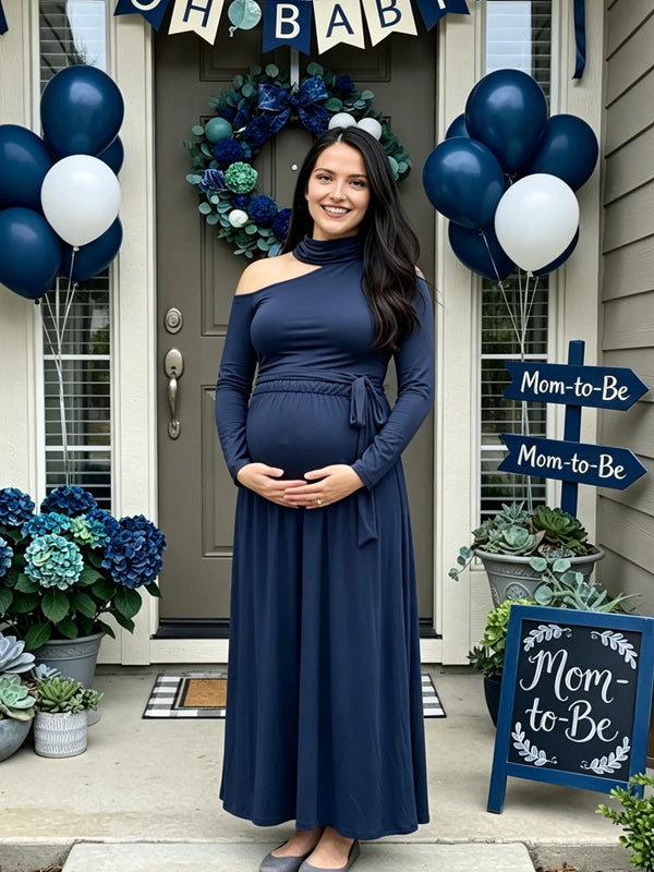 Navy Blue Ruched Maternity Maxi Dress with Elegant Oblique Shoulder Design and Flattering Fit, Baby Shower