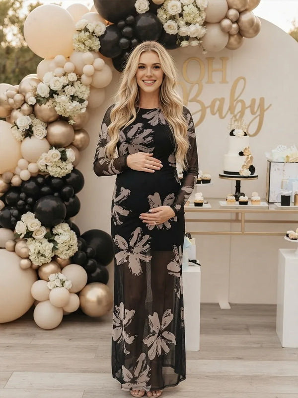 Black Print Maternity Maxi Dress with Double-Layer Tulle and Long Sleeves and Elegant Fit, Baby Shower