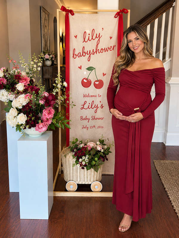 Red Elegant Draped Baby Shower Maternity Maxi Dress