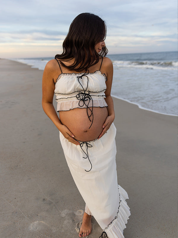 Momyknows Apricot Ruffle Ruched Lace-up Cami Big Swing Two Piece Set Maternity Maxi