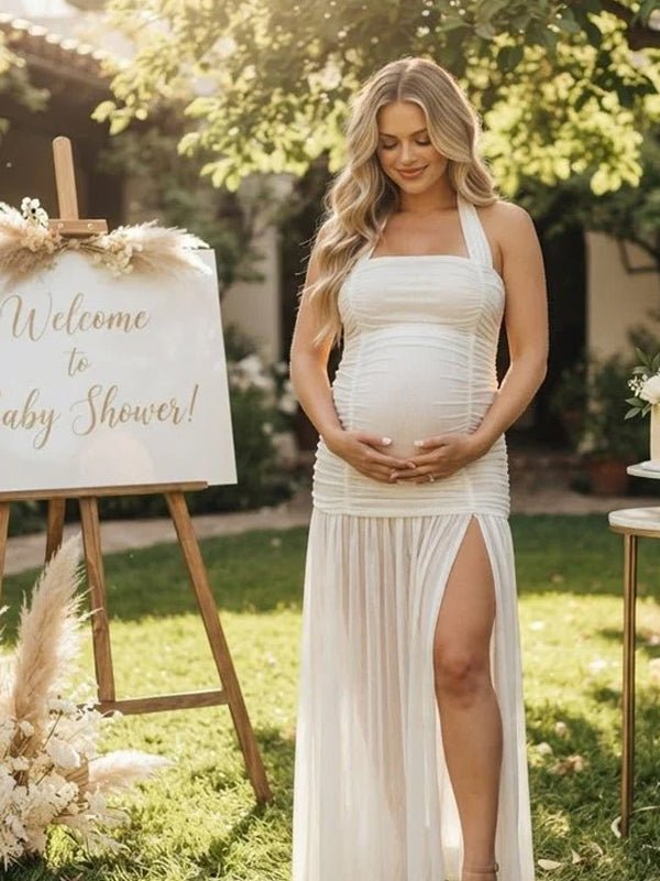 Momyknows White Halter Neck Side Slit Ruched Backless Grenadine Maternity Baby Shower Maxi Dress - White - 4