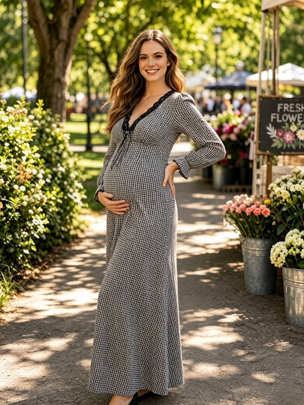 Black A-Line Maternity Dress with Contrasting Lantern Sleeves and Loose-Fitting Silhouette