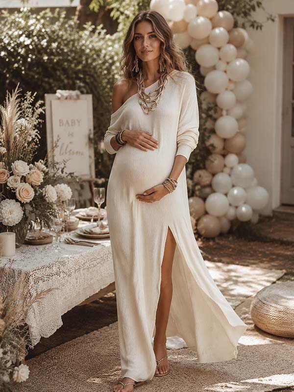 Momyknows White One-shoulder Side Slit Irregular Ruffle Maternity Baby Shower Midi Dress - White - 4