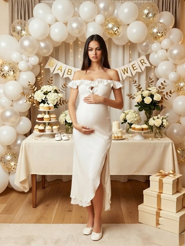 Momyknows Off Shoulder Falbala Side Slit Solid Color  Maternity Baby Shower Maxi Dress