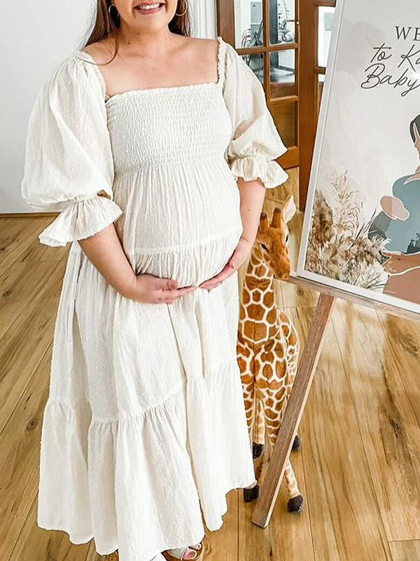 Momyknows White Off Shoulder Ruffle Shirred Boat Neck Puff Sleeve Bow Bohemian Ivory Maternity Photoshoot Dress Momyknows White Off Shoulder Ruffle Shirred Boat Neck Puff Sleeve Bow Bohemian Ivory Maternity Photoshoot Dress