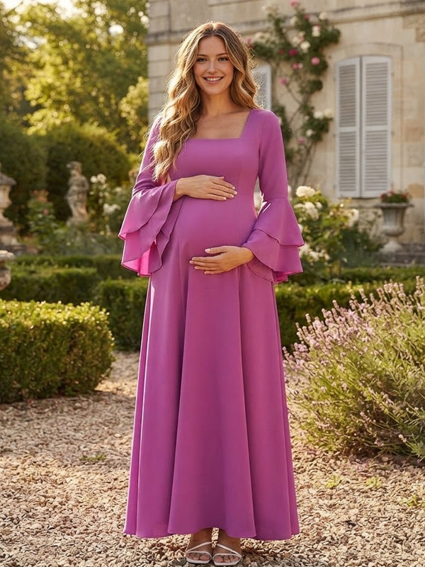 Rose Carmine Ruffle Flare Sleeve Maternity Maxi Dress with Big Swing Silhouette