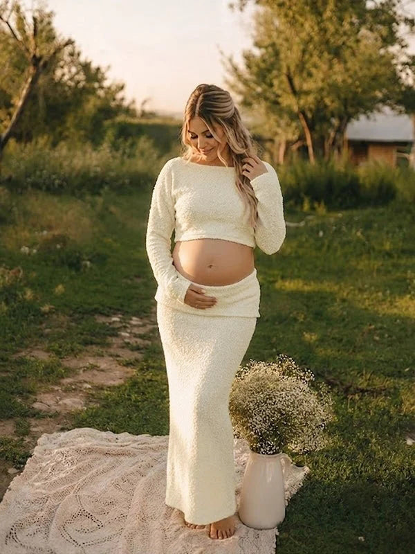 Momyknows Elegant Beige Crochet Off Shoulder 2-in-1 Maternity Photoshoot Maxi Dress