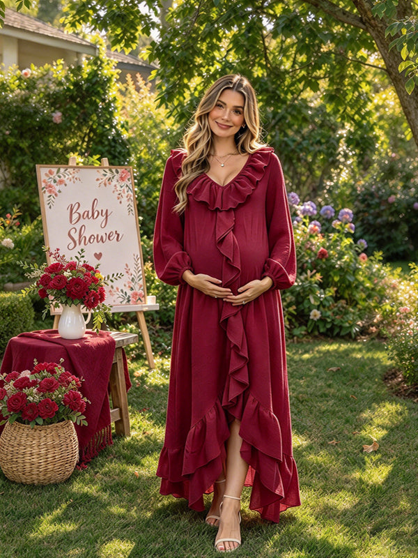 Wine Red Bohemian Ruffle Maternity Maxi Dress with V Neckline and Relaxed Fit, Baby Shower Occasion