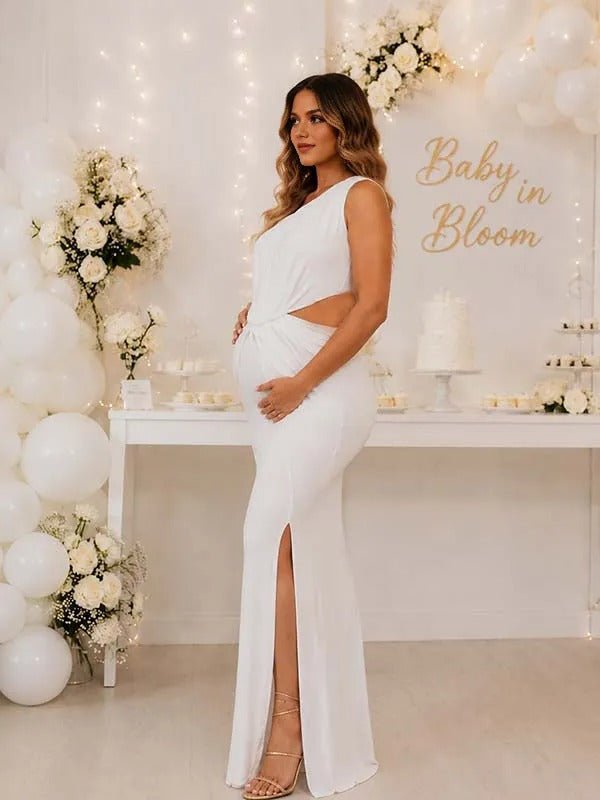 Momyknows White Midriff Ruffle Side Slit Irregular Maternity Baby Shower Maxi Dress - White - 2