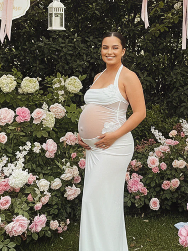 Momyknows Mesh Ruched 3D Flowers Backless Bodycon Elegant Maternity Maxi Dress