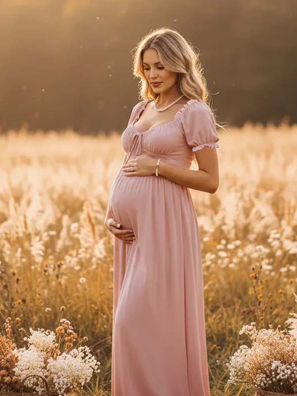 Momyknows Ruffle Ruched Lace-Up Big Swing Boho Western Maternity Maxi Dress, White / XL
