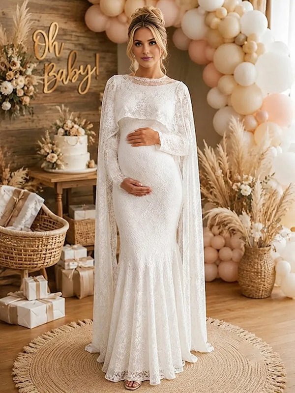 Momyknows Elegant Lace Cape Bodycon Baby Shower Maternity Maxi Dress - White - 3
