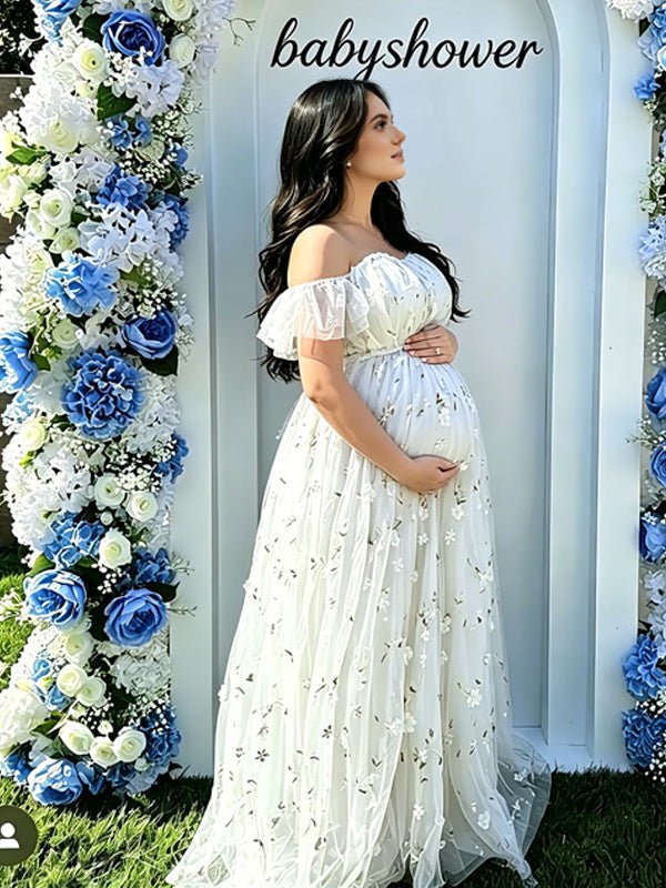 Momyknows White Off Shoulder Vestido Homecoming Maternity Photoshoot Maxi Dress, White / S