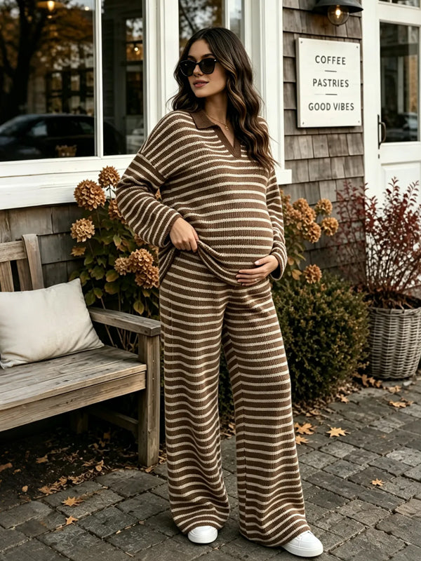 Brown Striped Maternity Two-Piece Set with Lapel Design and Comfortable Fit