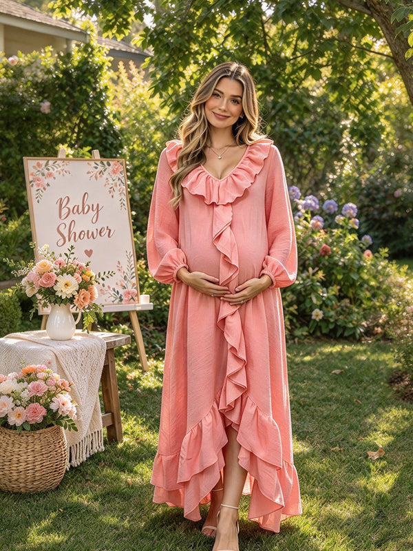 Pink Bohemian Maternity Maxi Dress with Ruffle V Neck and Flowing Silhouette, Baby Shower Occasion