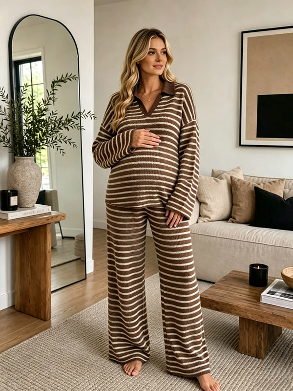 Brown Striped Maternity Two-Piece Set with Collared Design and Comfortable Fit