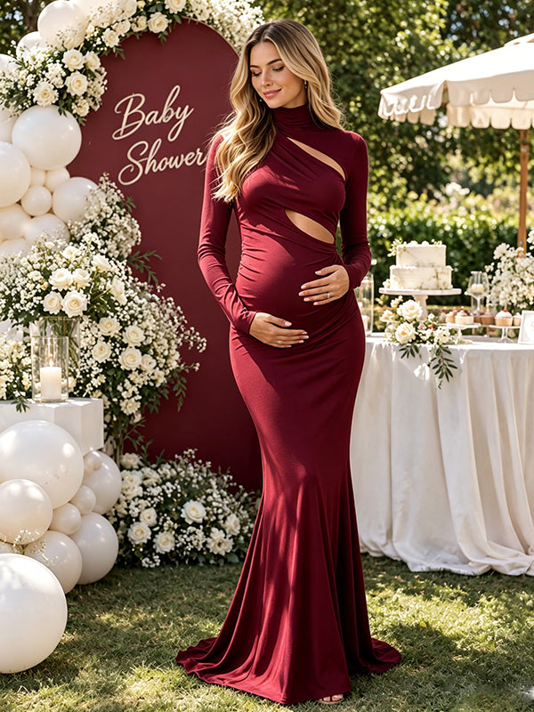 Wine Red Ruched Maternity Maxi Dress with High Neck and Trumpet Design and Flattering Silhouette, Baby Shower Style
