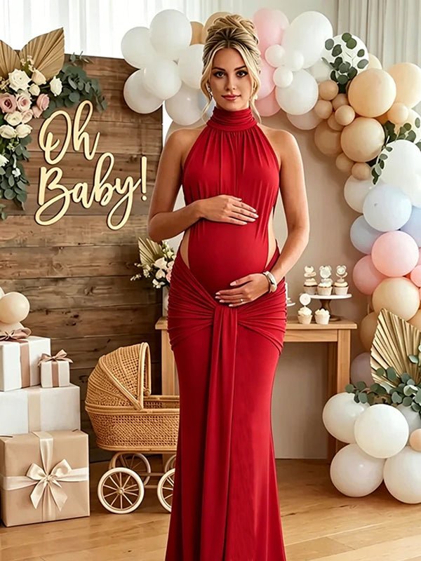 Momyknows Ruched Bowknot Draped High Neck Backless Bodycon Elegant Maternity Baby Shower Maxi Dress, Black / S