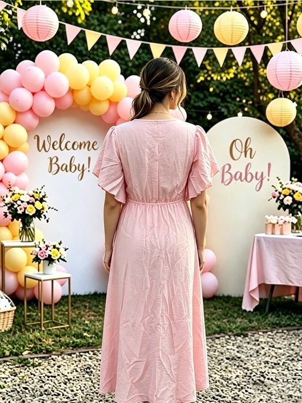 Momyknows Single Breasted Side Slit Solid Color Maternity Baby Shower Midi Dress - Pink - 5