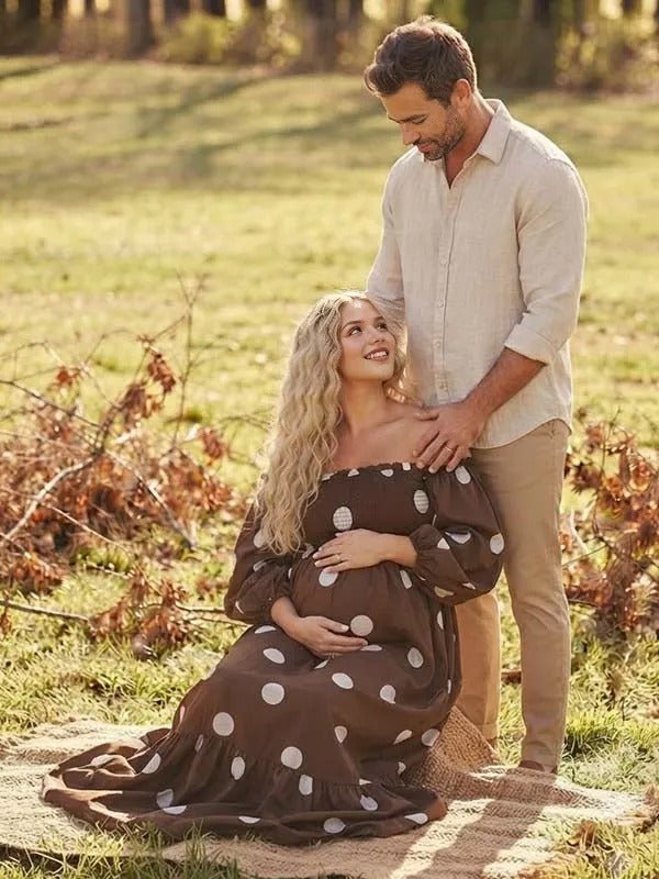 Momyknows Brown Polka Dot Bandeau Ruffle Off Shoulder Smocked Maternity Photoshoot Maxi Dress - Brown - 2