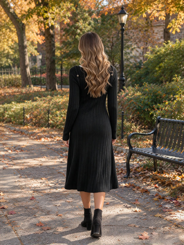 Black Crochet Maternity Midi Dress with Decorative Buttons and Elegant Two Piece Silhouette