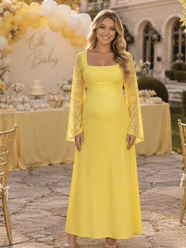 Yellow Ruffle Lace Maternity Maxi Dress with Square Neck and Slit Sleeves