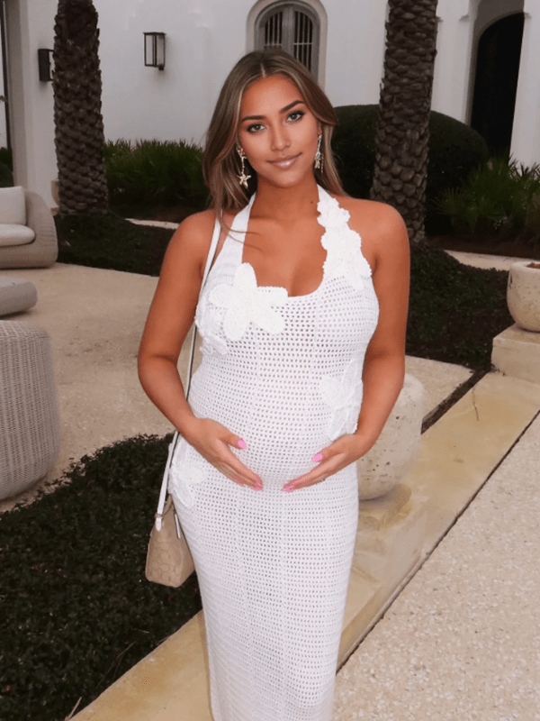 white maxi dress for pregnant Beyond Yoga Featherweight Endless Summer Wrapping over at the front and with a tiered skirt for a shapely silhouette PinkBlush White Lace Overlay Maternity