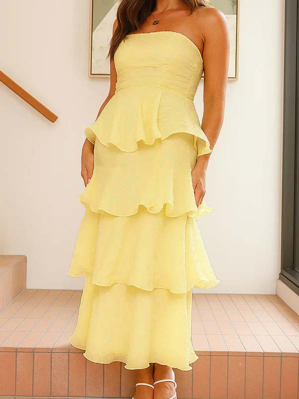 Bandeau Ruffle Tiered A-line Sweet Maternity Baby Shower Maxi Dress Pink / M Bandeau Ruffle Tiered A-line Sweet Maternity Baby Shower Maxi Dress Pink / M