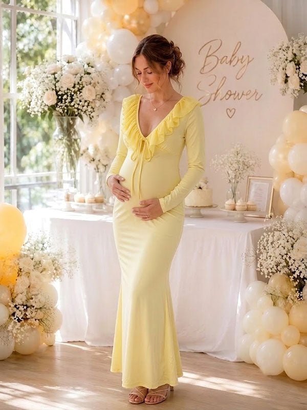 Momyknows Elegant Yellow Falbala Bodycon Lace-Up Baby Shower Maternity Maxi Dress - Yellow - 1