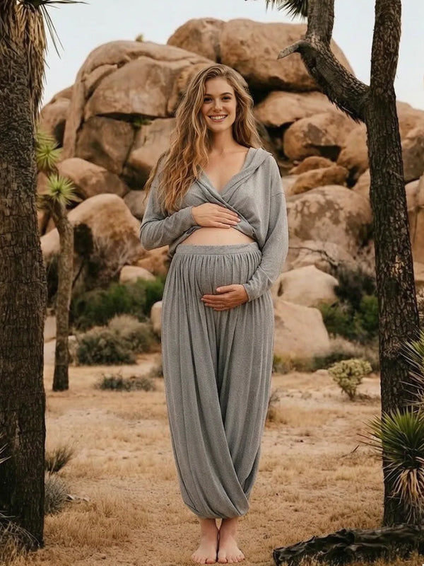 Grey 2-in-1 Maternity Dress with Long Sleeves and Hooded Top and Ruffled Hem and Loose Fit, Photoshoot