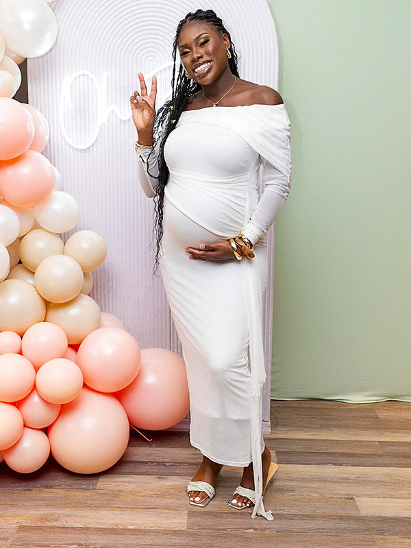 tight bodycon white dress White Dress Tight Baby Shower Dresses Momyknows White Mesh Irregular Ruched Draped Off Shoulder Bodycon