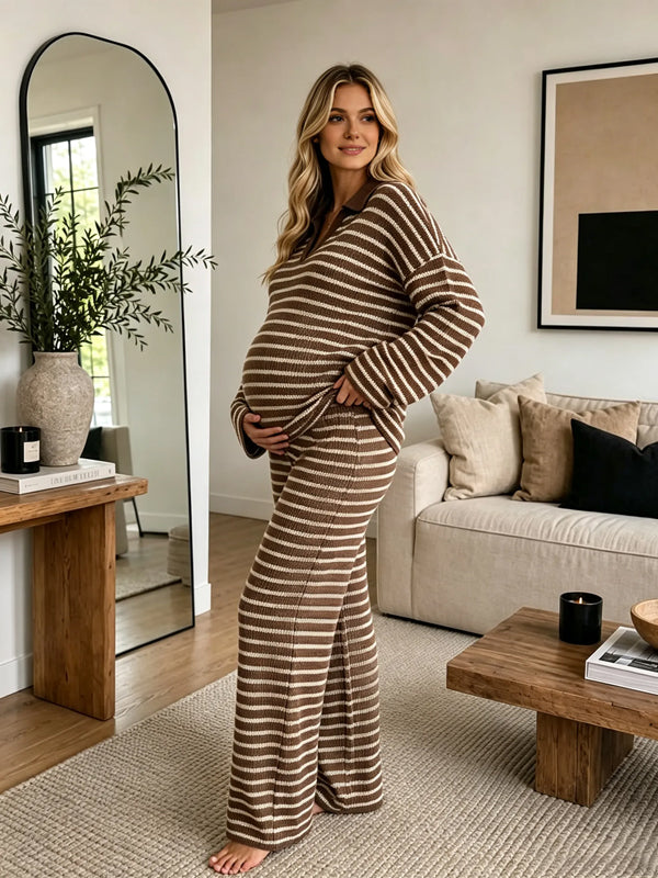Brown Striped Maternity Two-Piece Set with Striped Pattern and Collared Neckline